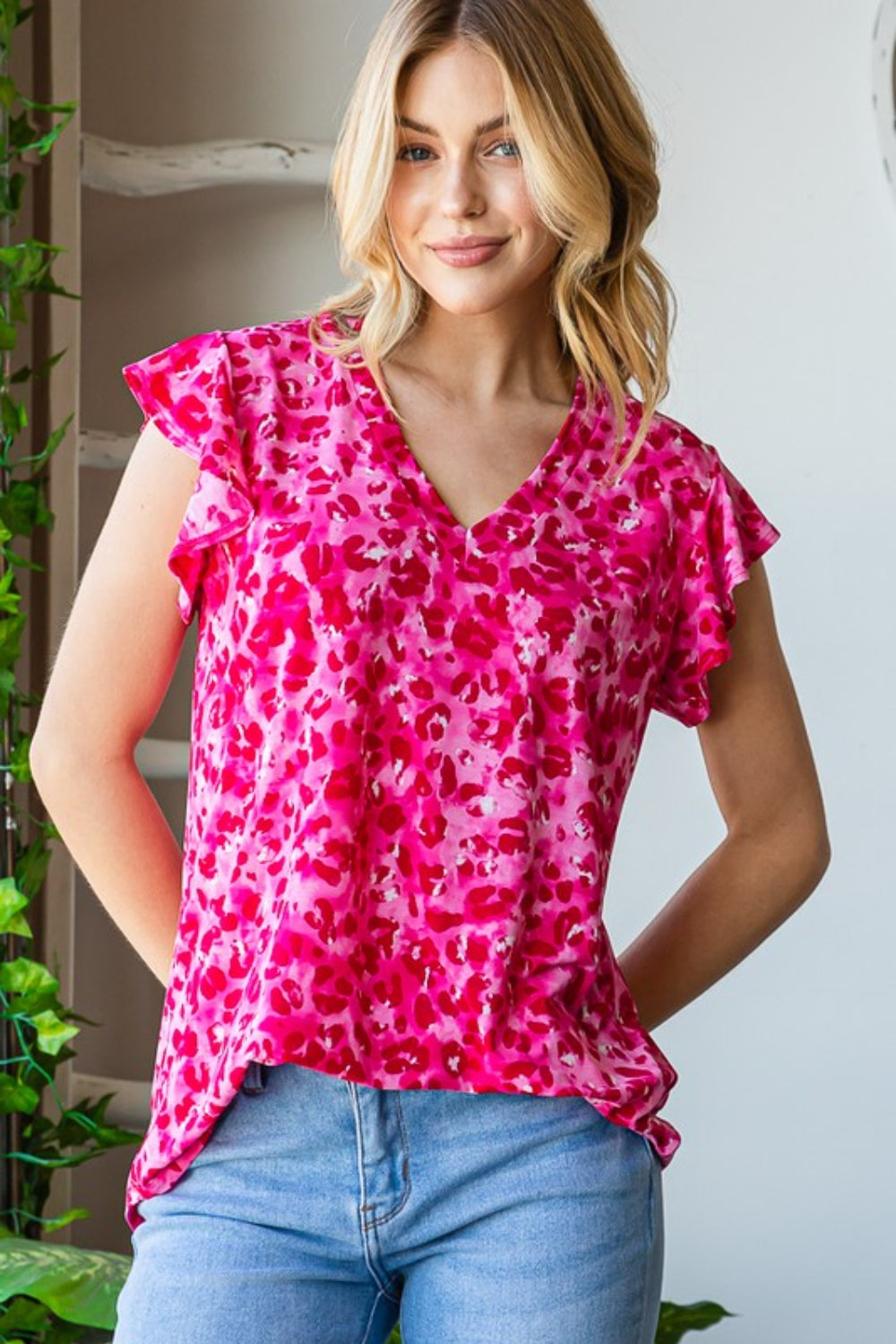 Printed Ruffle Sleeve Top with V-Neck