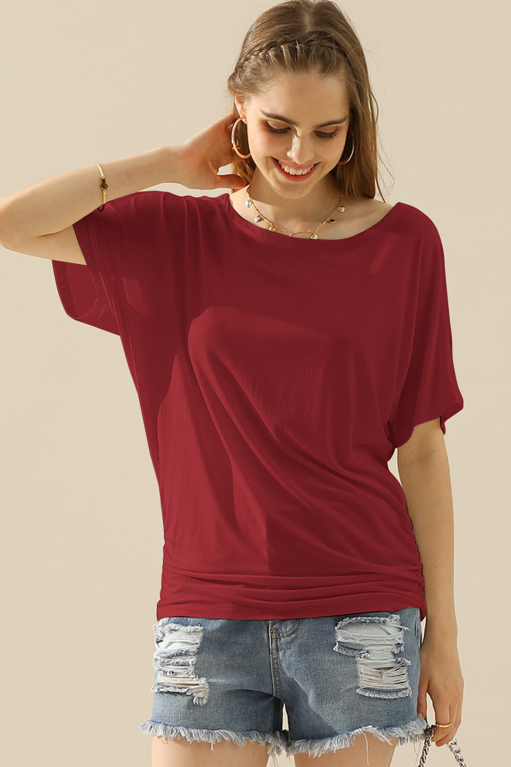 Ruching Side Boat Neck Top with Short Sleeves BURGUNDY