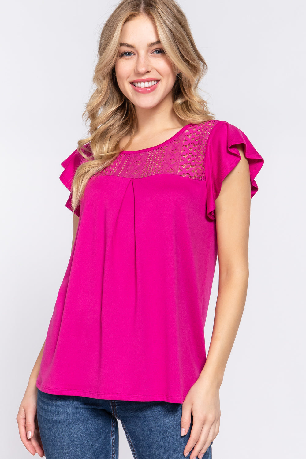 Ruffle Sleeve Knit Top with Lace Detail MAGENTA