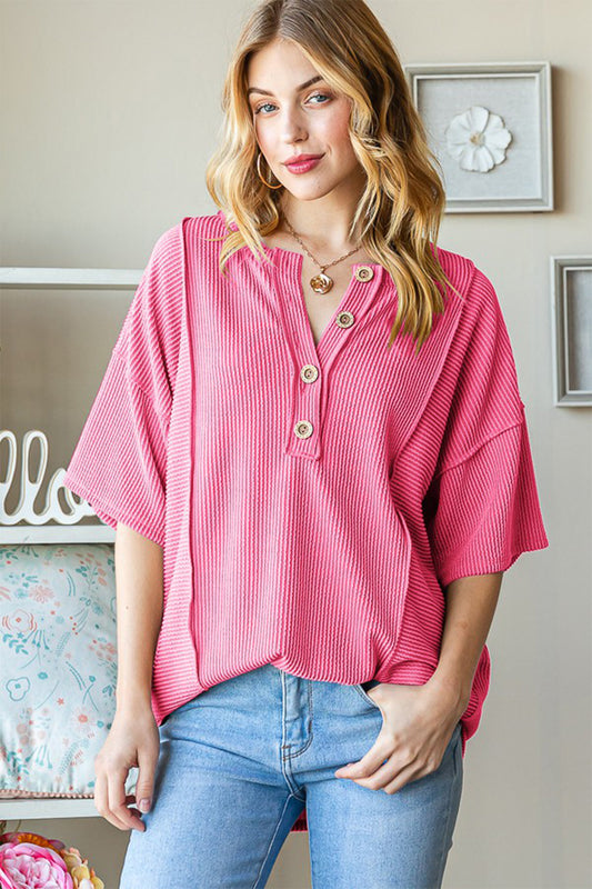 Ribbed Drop Shoulder Top with Half Buttons HOT PINK
