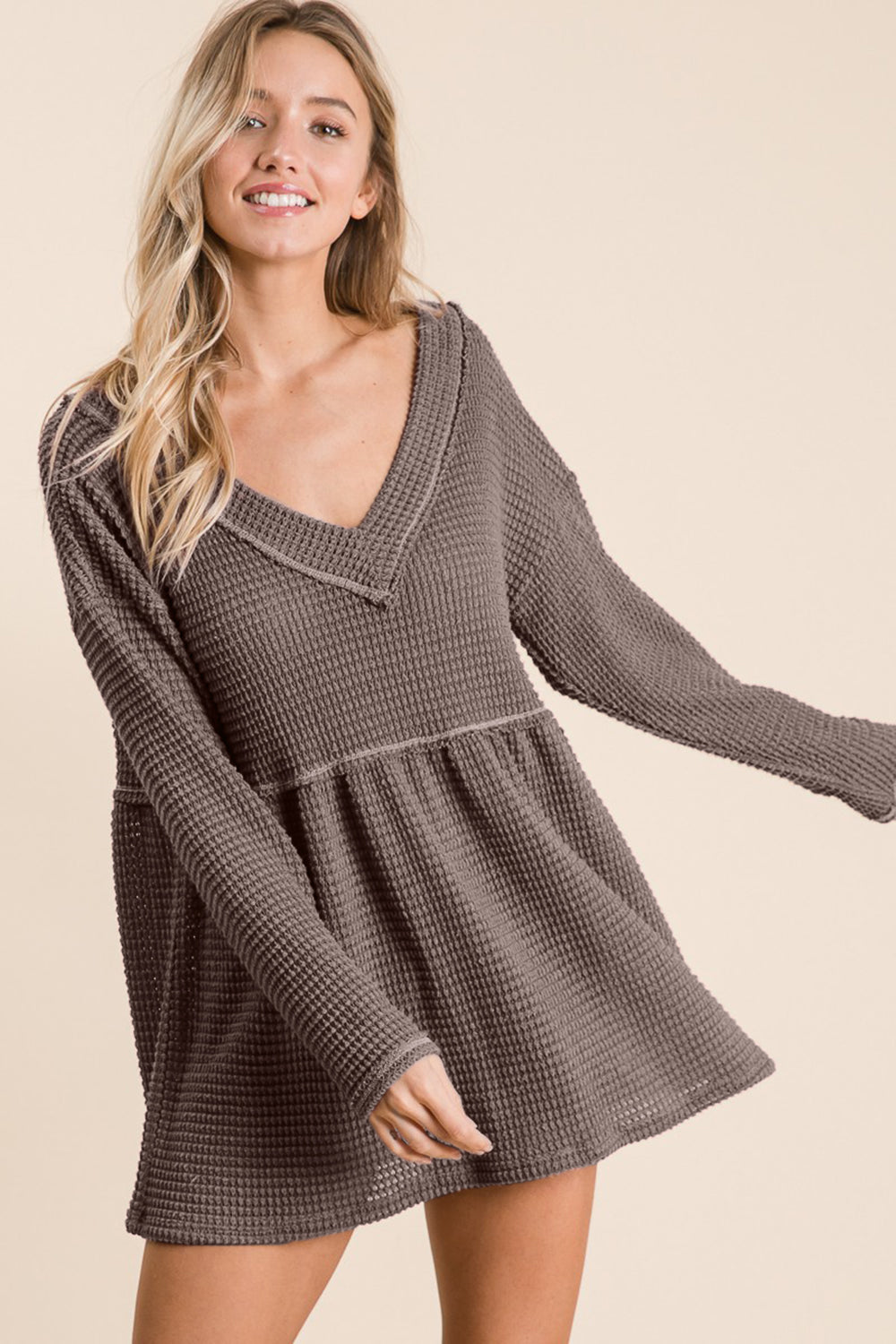 Waffle Knit Babydoll Top with V-Neck