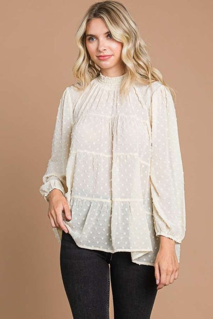 Swiss Dot Mock Neck Smocked Top IVORY CREAM