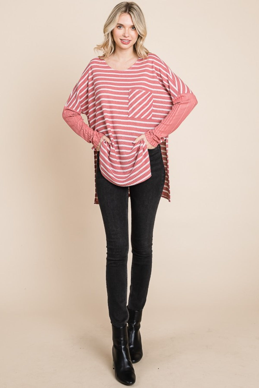 Oversized Striped Long Sleeve Tee with Side Slits
