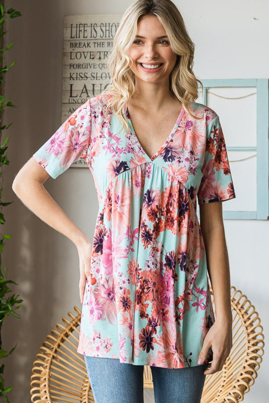 Floral Babydoll Top with V-Neck and Short Sleeves MINT