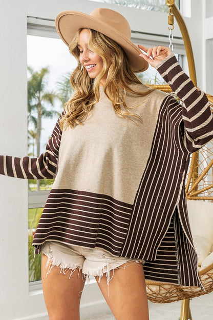 Striped Long Sleeve Top with Side Slits OATMEAL MOCHA