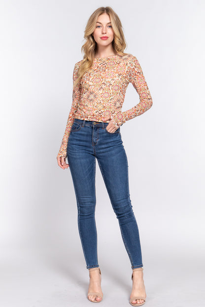 Long Sleeve Ruched Top with Printed Design