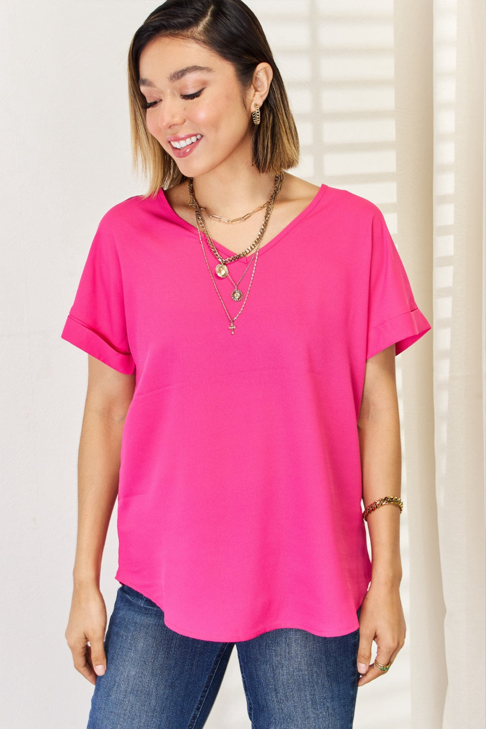V-Neck Tee with Rolled Sleeves