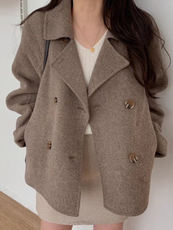Autumn and winter French double-breasted loose, casual and versatile long-sleeved warm woolen jacket Coffee