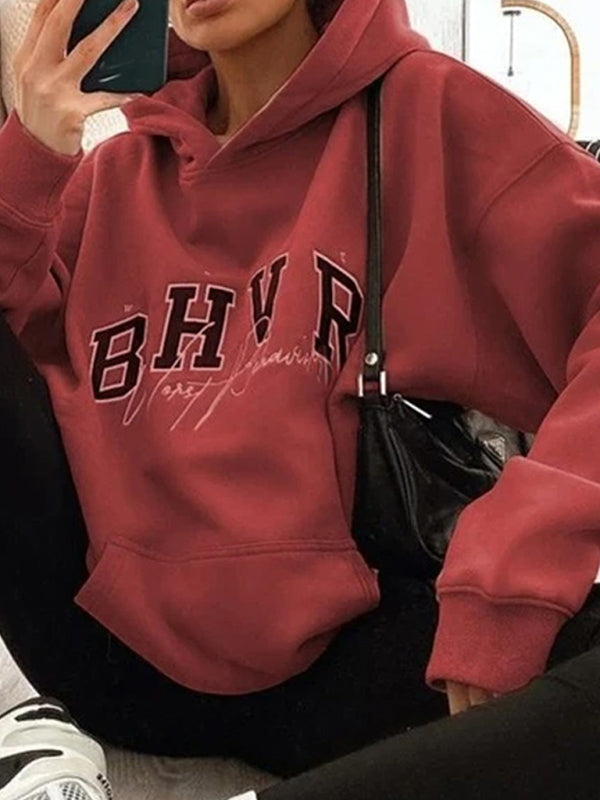 BHVR game letter printing plus fleece warm long-sleeved sweater Wine Red