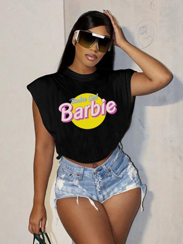 Barbie print letter print sports casual women's short-sleeved T-shirt Black