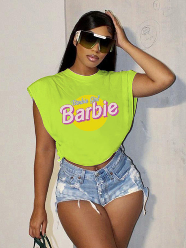 Barbie print letter print sports casual women's short-sleeved T-shirt Green