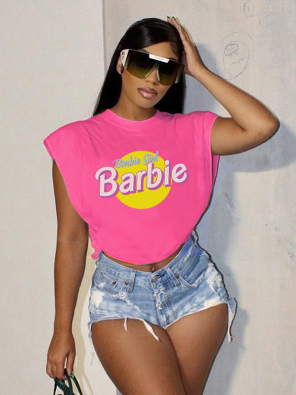 Barbie print letter print sports casual women's short-sleeved T-shirt Rose