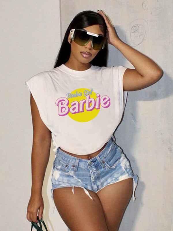 Barbie print letter print sports casual women's short-sleeved T-shirt White