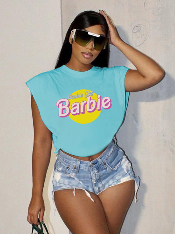 Barbie print letter print sports casual women's short-sleeved T-shirt Blue