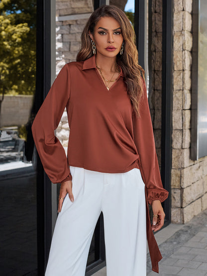 Casual V-neck Trendy Streamer Top Women Brown