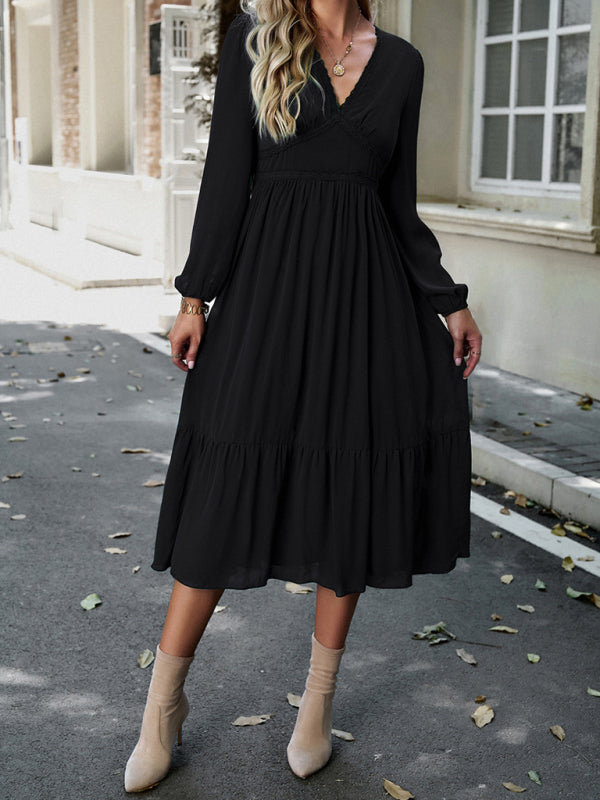 Elegant lace solid color V-neck dress Black