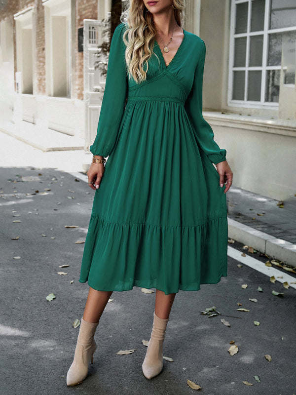 Elegant lace solid color V-neck dress Green