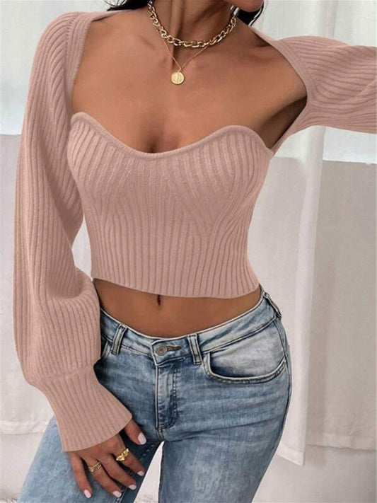 Fashionable shawl tube top knitted sweater two-piece set Pink
