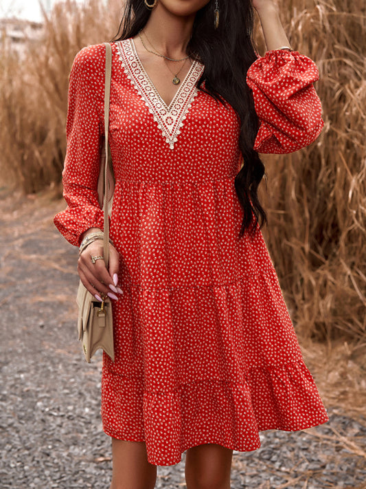 Floral Print Casual V-Neck Long-Sleeved Dress Red
