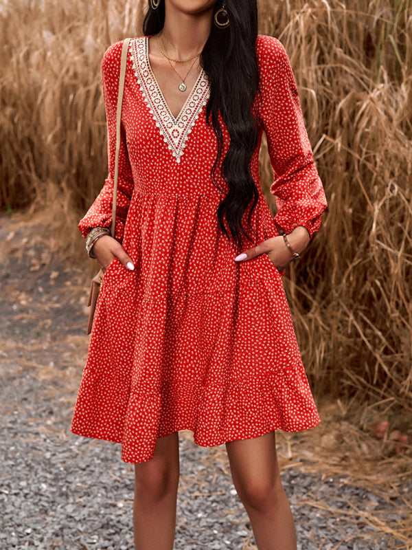 Floral Print Casual V-Neck Long-Sleeved Dress