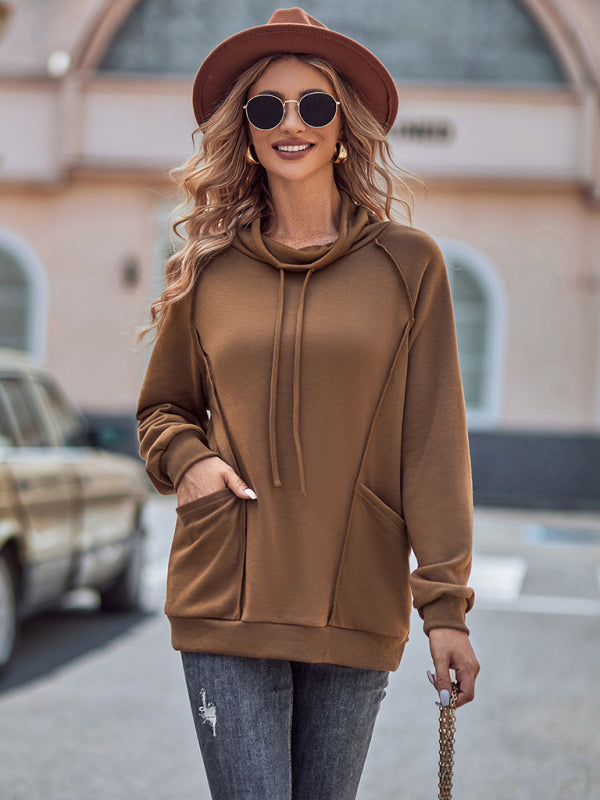 High collar drawstring patchwork loose sweatshirt