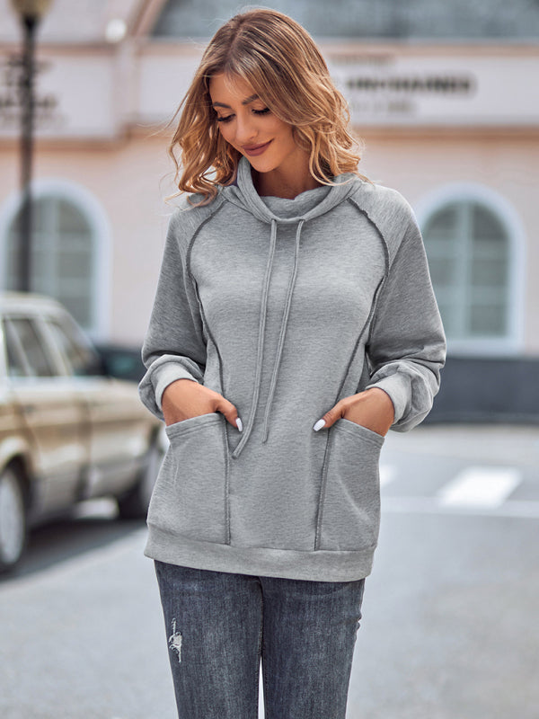 High collar drawstring patchwork loose sweatshirt