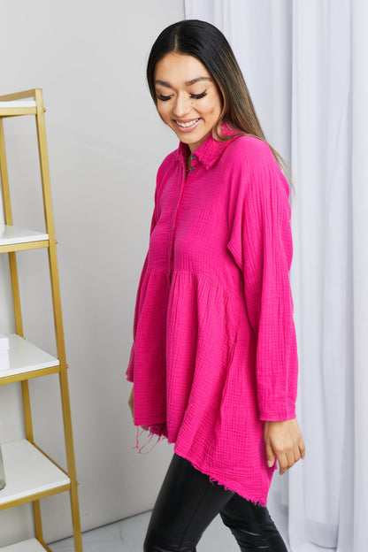 Hot Pink Collared Peplum Top with Pockets