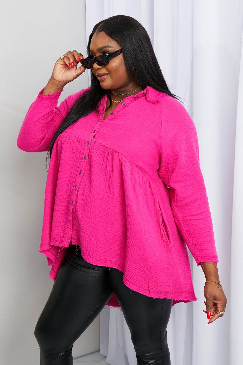 Hot Pink Collared Peplum Top with Pockets