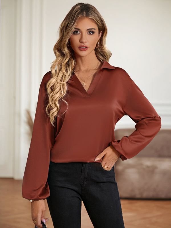 Knotted V-Neck Blouse, Spring & Summer Style Brown