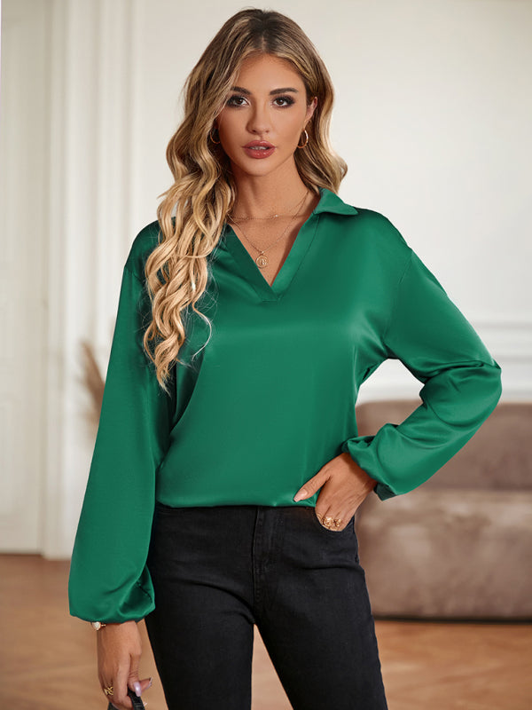 Knotted V-Neck Blouse, Spring & Summer Style Green black jasper