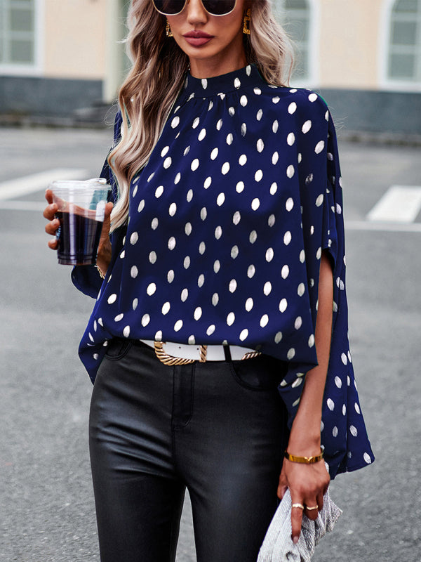 Long-Sleeve Polka Dot Blouse, Spring & Summer Style Blue