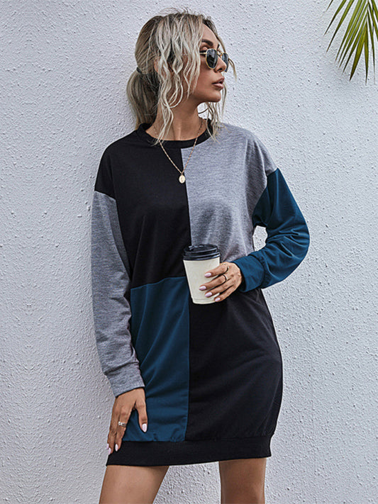 Long-sleeved color block round neck casual sweater dress Purplish blue navy