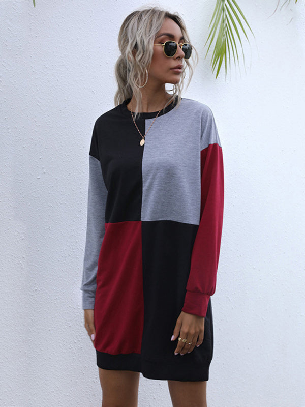 Long-sleeved color block round neck casual sweater dress Grey