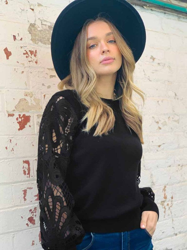 New Lace Stitching Lantern Sleeve Fashion Pullover Ladies Top Casual Versatile Trendy T-Shirt Black M