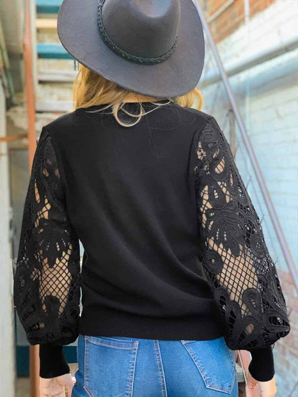 New Lace Stitching Lantern Sleeve Fashion Pullover Ladies Top Casual Versatile Trendy T-Shirt