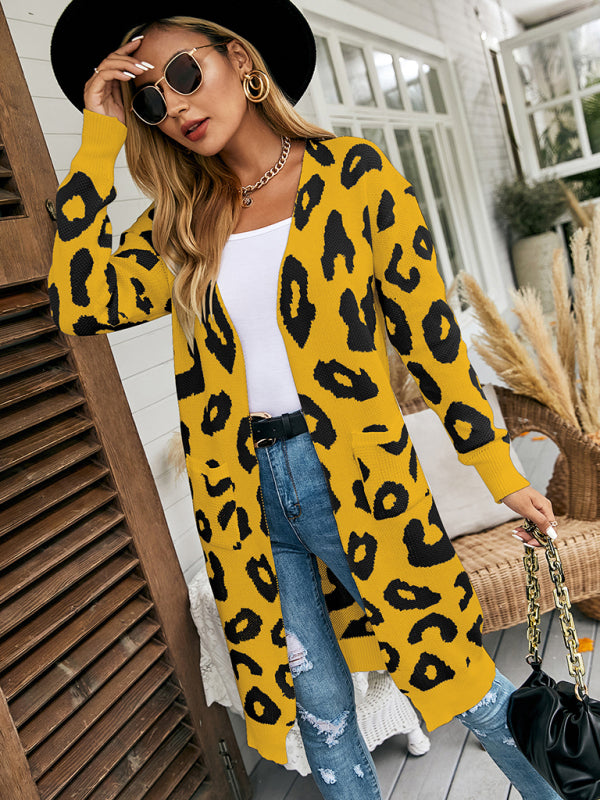 New leopard print knitted jacket cardigan women's sweater Yellow