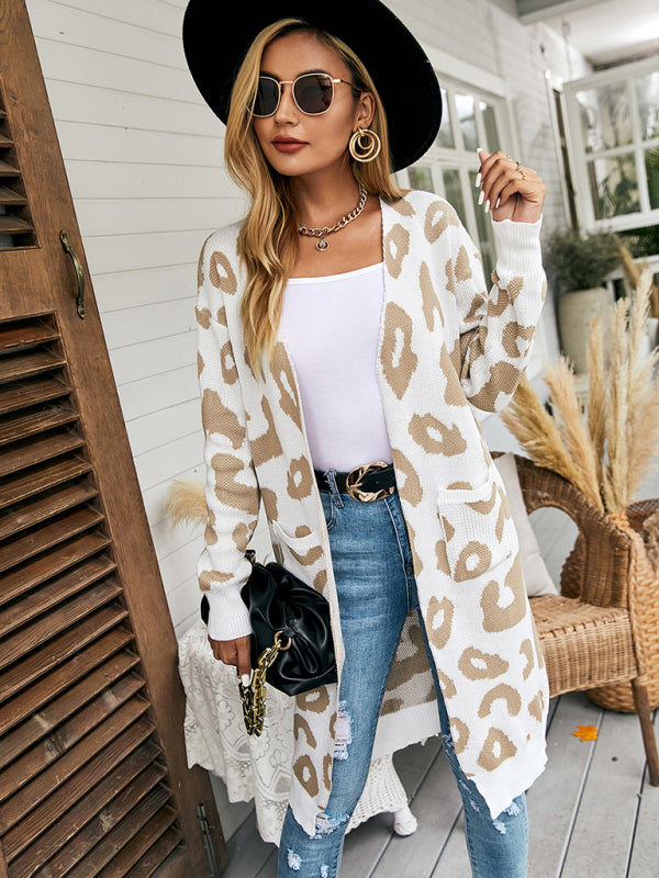 New leopard print knitted jacket cardigan women's sweater White