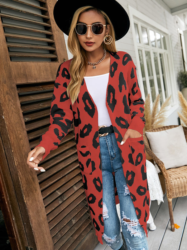 New leopard print knitted jacket cardigan women's sweater Red