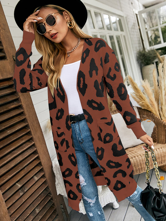 New leopard print knitted jacket cardigan women's sweater Coffee