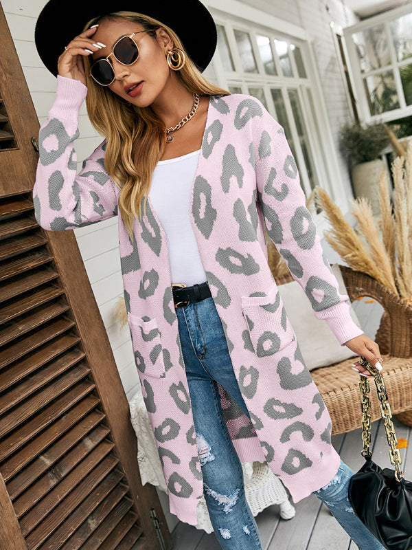 New leopard print knitted jacket cardigan women's sweater Pink