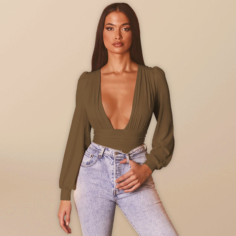Sexy long-sleeved deep V waist pleated temperament jumpsuit Olive green