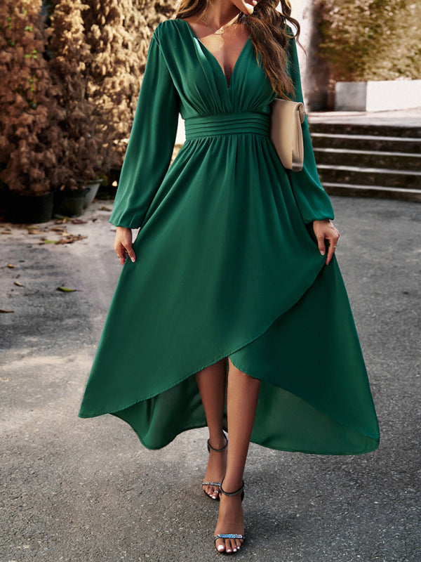Slim waist V-neck sexy dress with big swing Green