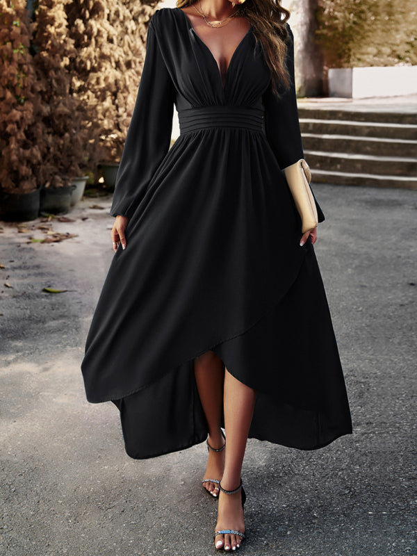 Slim waist V-neck sexy dress with big swing Black