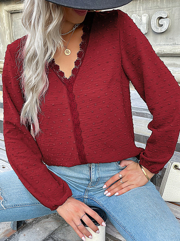 St. Patricks Day - Elegant V-Neck Lace Top with Long Sleeves Red
