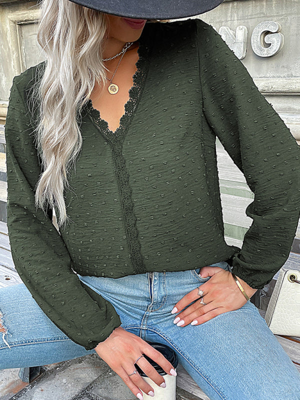St. Patricks Day - Elegant V-Neck Lace Top with Long Sleeves Olive green