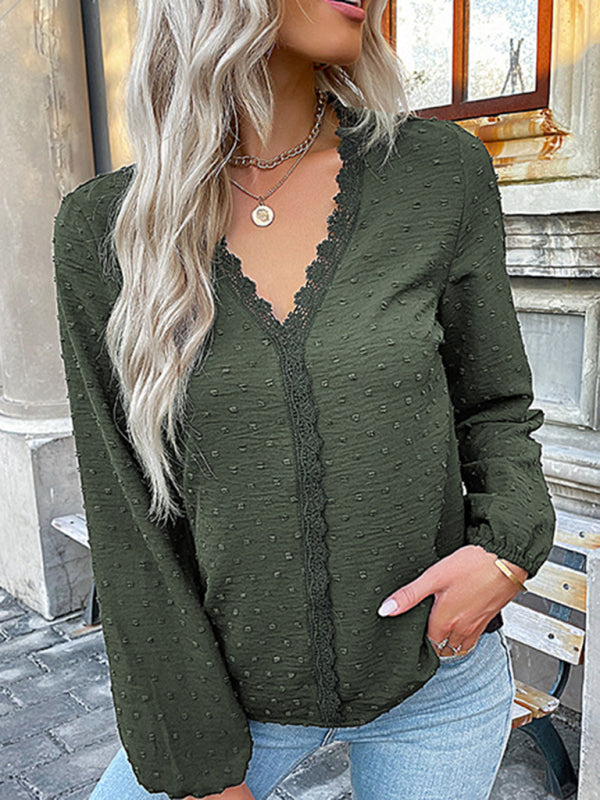 St. Patricks Day - Elegant V-Neck Lace Top with Long Sleeves