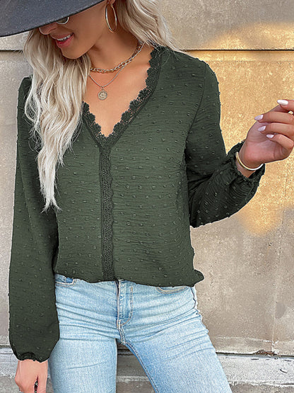 St. Patricks Day - Elegant V-Neck Lace Top with Long Sleeves