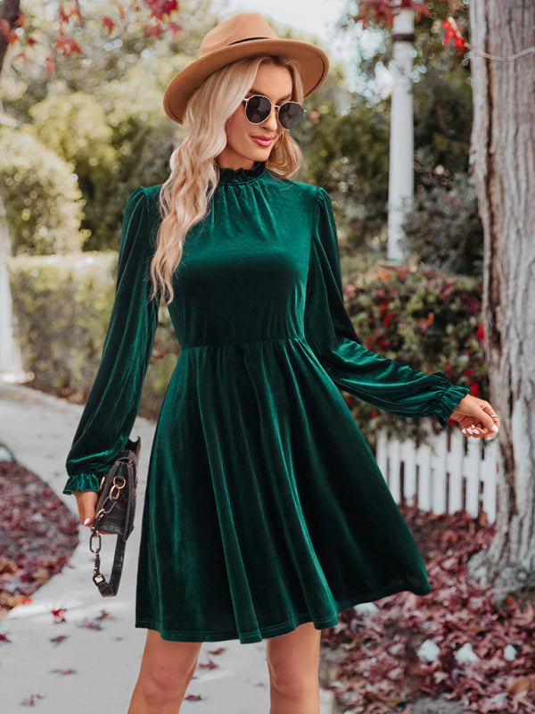 Turtleneck velvet solid color waist dress Green black jasper