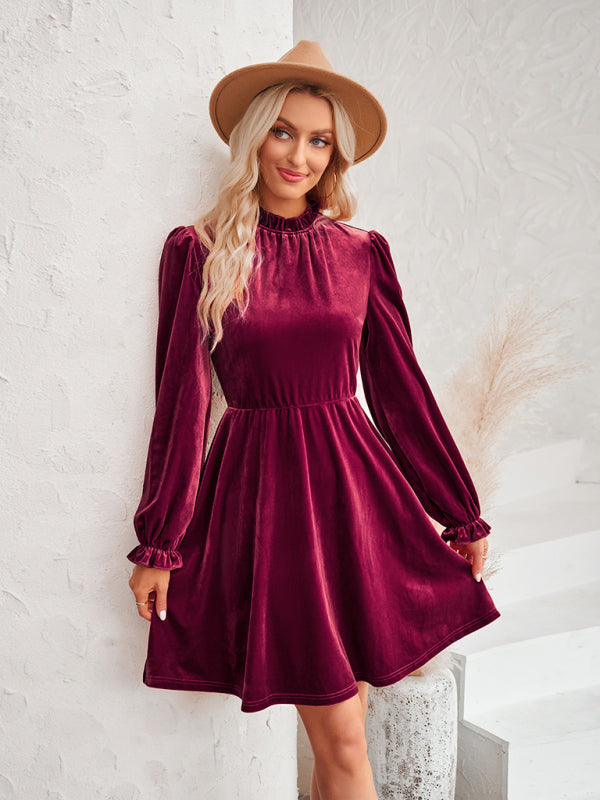 Turtleneck velvet solid color waist dress