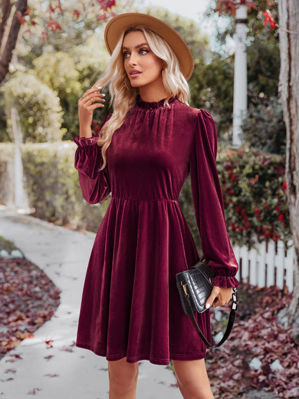 Turtleneck velvet solid color waist dress Wine Red
